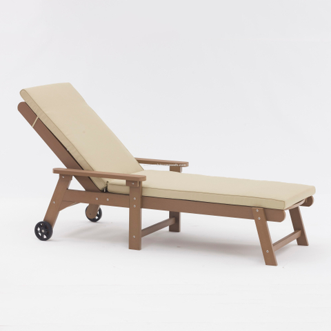 Uplion Swimming Pool Chair Lounge Outdoor Plastic Wood Sun Lounger Garden Chaise Lounge with Cushion