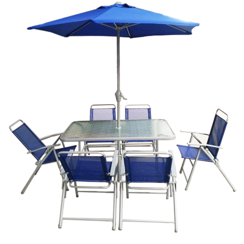 Uplion 6 seats folding steel outdoor garden furniture set patio dining table and chair with umbrella set