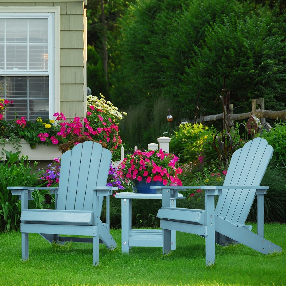 Selection of outdoor garden plastic wood tables and chairs